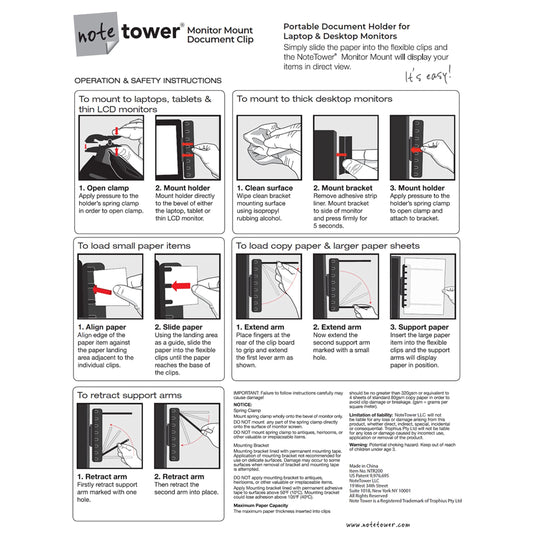 Note Tower Monitor Document Paper Holder for Typing | Clips to Laptops & Desktop Monitors I Reduces Eye & Neck Strain | Portable Copy Holder for Desk | Sticky Note Stand & Monitor Memo Board | Black