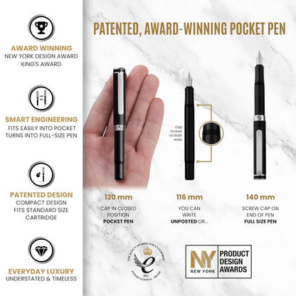 Scriveiner Luxury EDC Fountain Pen (Fine), Stunning Matt Black Pocket Pen, Chrome Finish, Schmidt German Nib, Converter, Best Writing Pen Gift Set for Men & Women, Nice Fancy Office Designer Pen