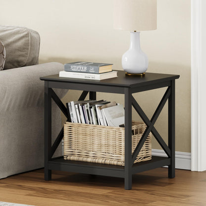 ChooChoo End Tables Set of 2, 24 Inch End Table with 2-Tier Storage Shelf, Side Table for Living Room, Wood Nightstand for Bedroom, Office, Painted Surface, Black