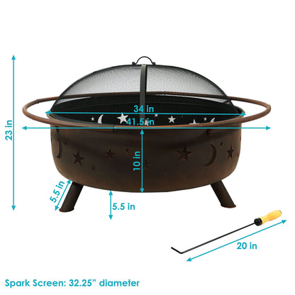 Sunnydaze Cosmic 42-Inch Large Outdoor Fire Pit - Wood-Burning Fire Pit with Round Spark Screen, Poker, and Built-in Grate