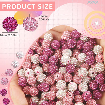 100Pcs Rhinestone Beads 10mm Pink Sparkle Round Shamballa Disco Ball Beads, Shiny Crystal Clay Pave Diamond Rhinestones Bead for Baseball Necklace Bracelet Earring Jewelry Making Party Decoration