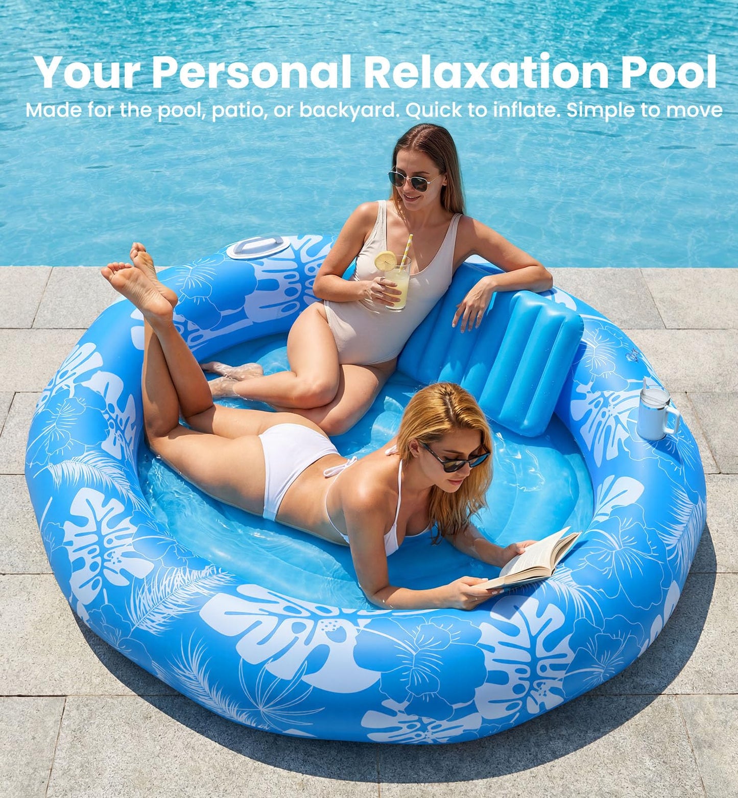 Pool Inflatable Tanning Pool Lounger Float with Sprinkler, 72"x65" Round Pool Float Adults with Pillow XL Cup Holder Handle Blow Up Tanning Bed for Summer Sunbathing Water Lounge Party Gifts, Blue