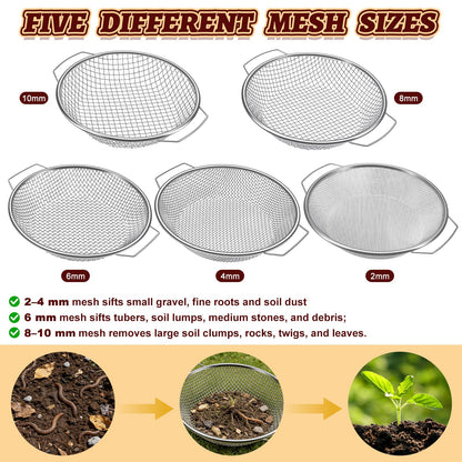 5PCS Soil Sifter, Gardening Soil Sifter with Handle Rock Compost Sifting Screen for 5 Gallon Buckets Garden Metal Sieve Strainer with Shovel 2,4,6,8,10mm Mesh Sizes Remove Stone Fine Gravel Sand Dirt