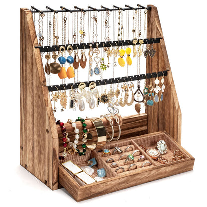 DGWJSU Jewelry Organizer Stand, 5 Layer Earring Holder Organizer with Necklace Holder, Rustic Wood Earring Organizer Display for Stud Earring Bracelet Necklace Ring, Watches