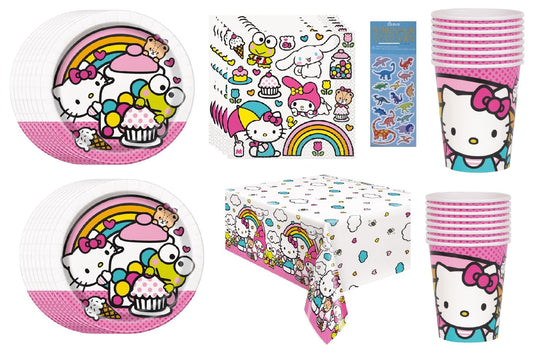 Hello Kitty Birthday Party Supplies Bundle Pack includes 16 Dessert Cake Paper Plates, 16 Paper Napkins 6.5", 16 Paper Cups, 1 Plastic Table Cover, 1 Dinosaur Sticker Sheet