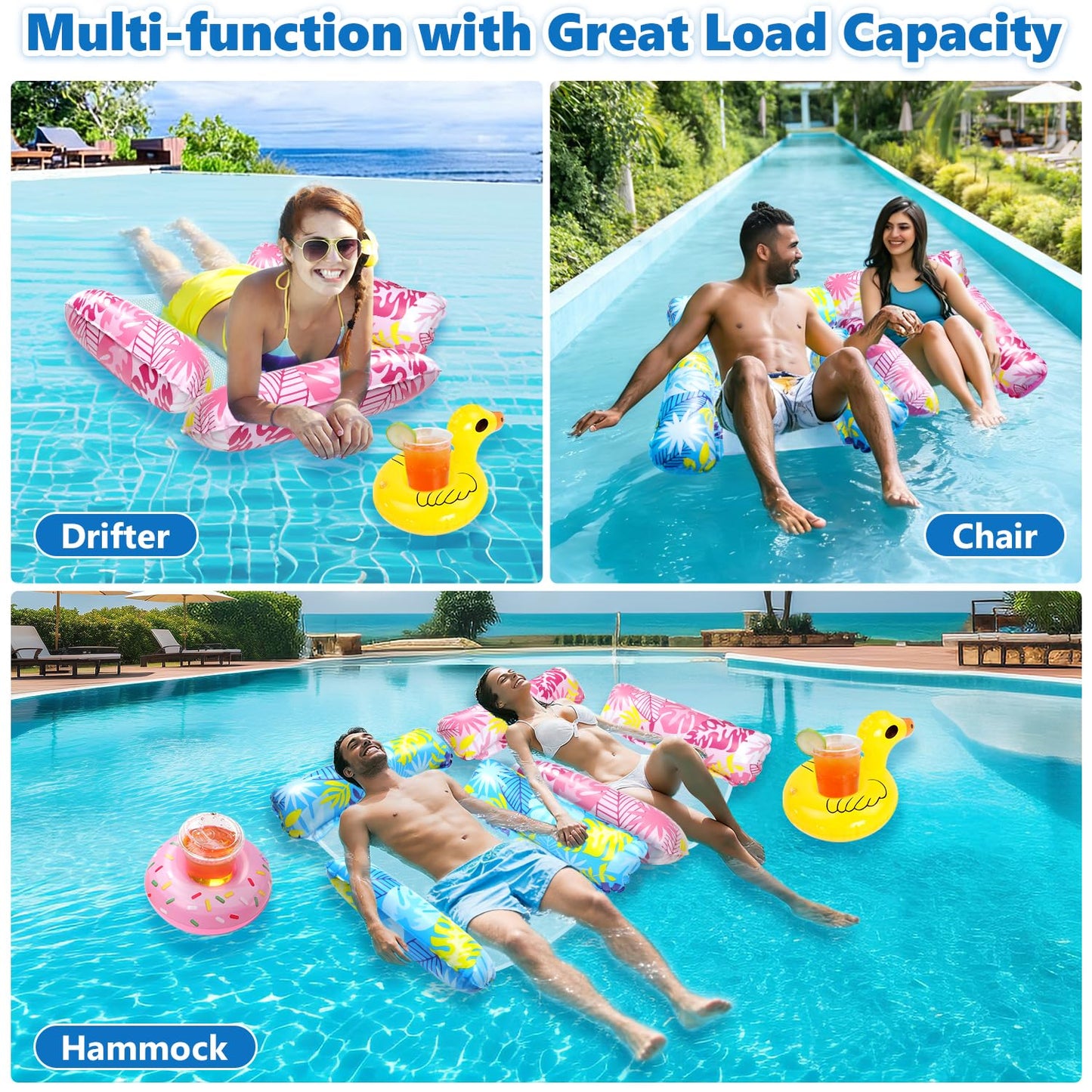 2 Pack Inflatable Pool Floats with 2 Drink Holders and 1 Air Pump, 4 in 1 Water Hammock with Cool Mesh Adult Swimming Pool Float Chair Sofa Lounger Saddle Toys for Beach Seaside Lazy River Hot Tub