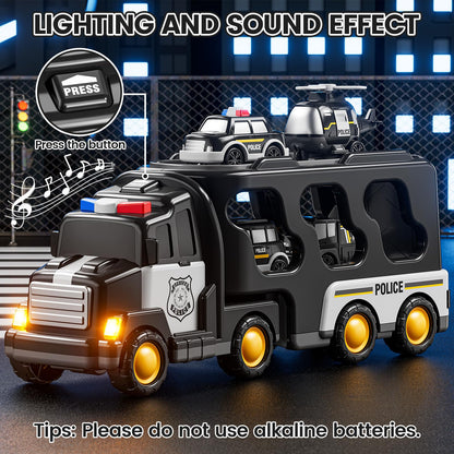 JUKUDAHU Police Truck Toy for 3 4 5 6 Years Old Boys - Carrier Vehicle Toy Set with 3 Small Cars and 1 Helicopter, Kids Firction Powered Car for Age 3-9, Gifts for Boys and Girls