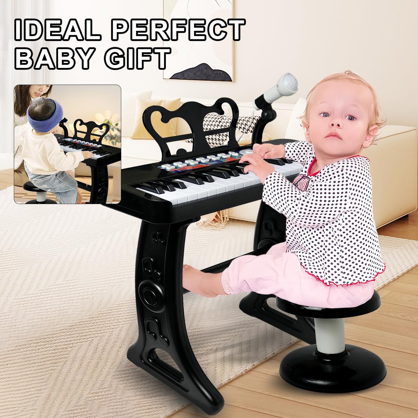 Love&Mini Piano Toy for Kids - 37 Keys Piano Keyboard Toy with Stool and Microphone, Black Electronic Musical Instrument Birthday Gift for Kids 3 4 5 6 7 8 Years Old Boys and Girls
