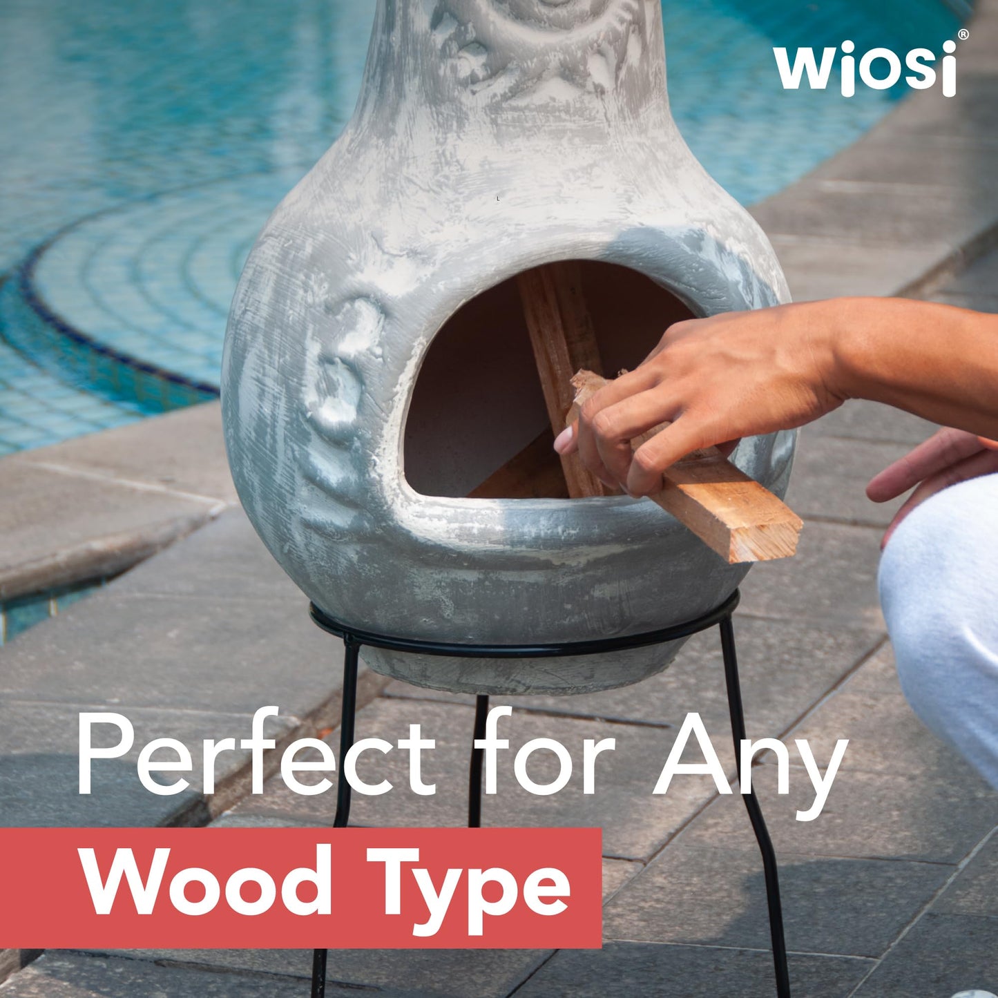 Wiosi Medium Chiminea Outdoor Fireplace Grey Clay Chimineas with Chimney Rain Lids and Solid Metal Stands - Grey Terracotta Chimenea - Rustic Fire Pit Chimnea 16 x 16 x 32-inch