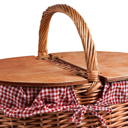 PICNIC TIME Country Picnic Basket, Sturdy Woven Wicker Basket with Customizable Split-lid Design and Removable and Washable Polycotton Vintage-Style Liner, (Red & White Gingham Pattern)