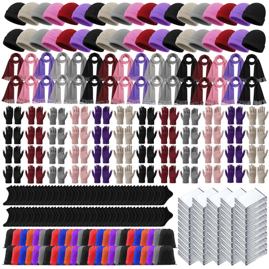 Shyyween Homeless Care Package Supplies Bulk Winter Emergency Blankets Beanies Hat Gloves Scarves Socks Bags for Men Women(6 Colors,300 Pcs)