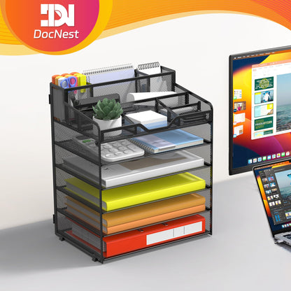 Docnest 6 Tier Mesh Desk Organizer for Paper Office Supplies – Multi-Functional Letter Tray with 5 Adjustable Compartments, 3 Pen Holders, Desktop Storage for Files, Mail, Stationery – Black