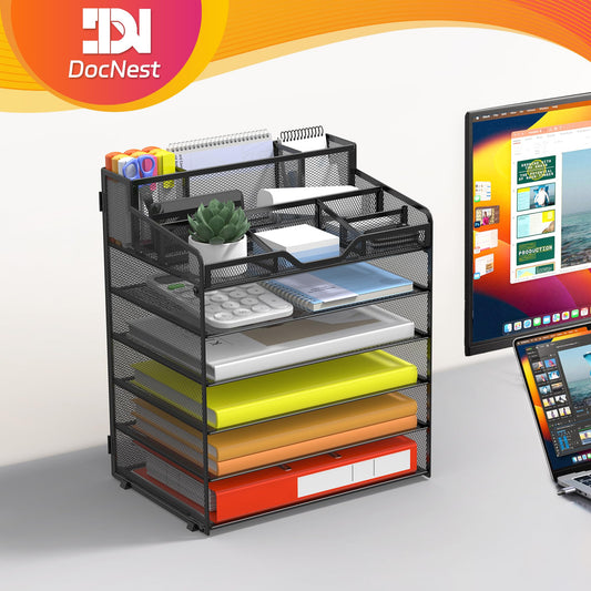 Docnest 6 Tier Mesh Desk Organizer for Paper Office Supplies – Multi-Functional Letter Tray with 5 Adjustable Compartments, 3 Pen Holders, Desktop Storage for Files, Mail, Stationery – Black