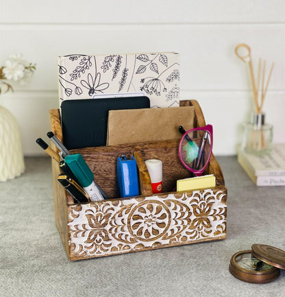 Wooden Office Desk Organizer Countertop, Farmhouse Stationary Aesthetic Organizer for Marker, Pen, Remote, Makeup Brush, Art Supplies Accessories, Modern Work Study Drawer Caddy- White Shabby Chic