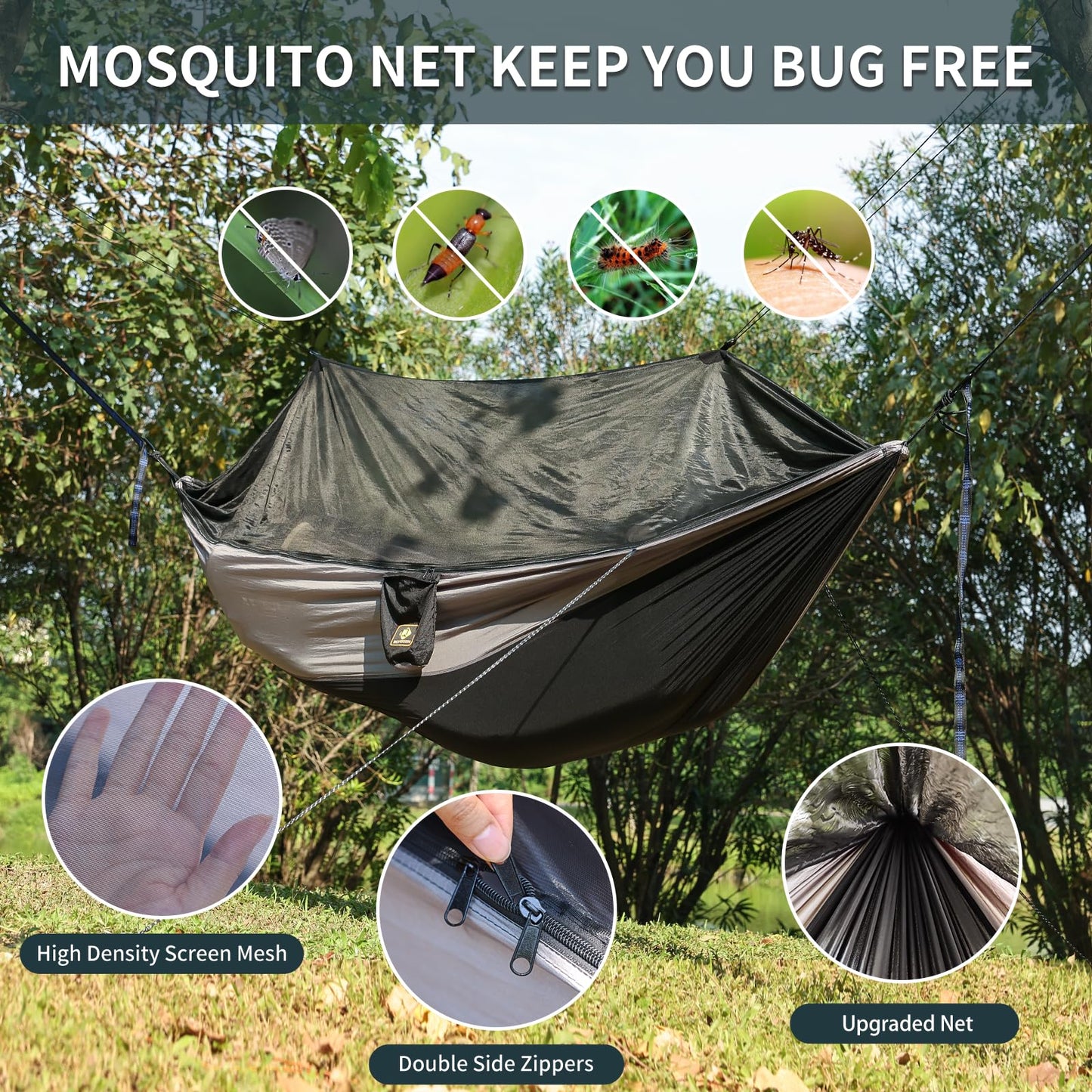Qevooon Camping Hammock with Net,Travel Portable Lightweight Hammocks with Tree Straps and Solid D-Shape Carabiners,Parachute Nylon Hammock for Outsides Backpacking Beach Backyard Patio Hiking