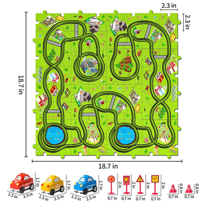 JUKUDAHU 64 Pieces Puzzle Race Track Car Set Toys for 3 4 5 6 Year Old Boys - Puzzle Tracks Car Toys for Kids Ages 3-5 with 3 Sliding Toy Cars, City-Themed, Birthday Gifts for Toddlers 1-3 2-4 4-6