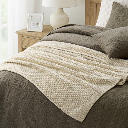 EVERGRACEHOME Chunky Chenille Knit Throw Blanket for Couch, Soft Luxurious Moss Stitch Blankets for Bed, Cozy Decorative Farmhouse Knitted Throws for Sofa, Beige, 50" x 60"