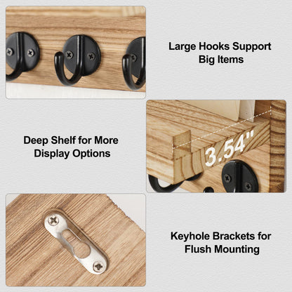 Lwenki Key Holder for Wall, Decorative Key and Mail Holder with Shelf Has Large Key Hooks for Bags, Coats – Paulownia Wood Key Hanger with Mounting Hardware (9.8”W x 6.7”H x 4.2”D) (Burnt Wood)