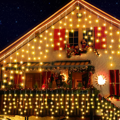 JREWDOIN 131FT Christmas Lights Outdoor 1440 LED Christmas Decorations Waterproof Plug in with 8 Modes & Timer Christmas Lights for Roof Party Garden Holiday Decor（Warm White）
