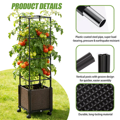 Risirica Tomato planter,Raised Garden Bed with Tomato Cage & Trellis, 53"Self-Watering Tomatos Planter with Lockable Wheels,Climbing Plants Large Reservoir for Vegetables Flowers,Indoor Outdoor Patio