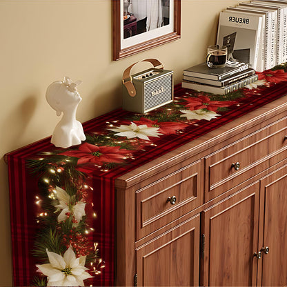 Christmas Table Runners and Placemats Set of 6, Red Plaid with Poinsettia & Floral Design, Perfect for Holiday Dining, 7-Piece Christmas Table Decoration