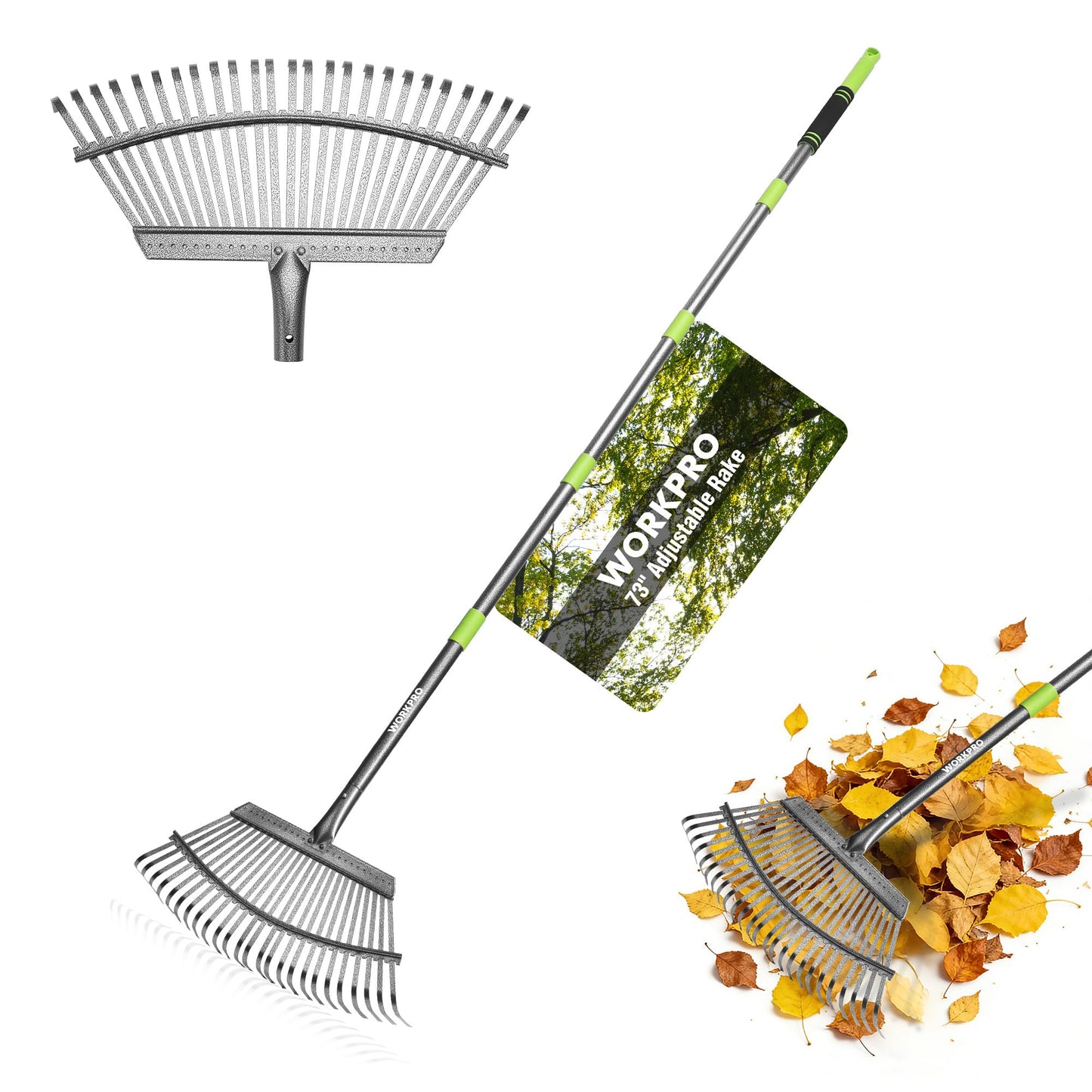 WORKPRO Rakes, Small Leaf Rake with 73” Adjustable Long Handle, Narrow Metal Garden Rake with 25 Steel Tines, Heavy Duty Rust-Resistant Lawn Rakes for Yard, Garden, Shrubs, Flower Beds & Tight Spaces