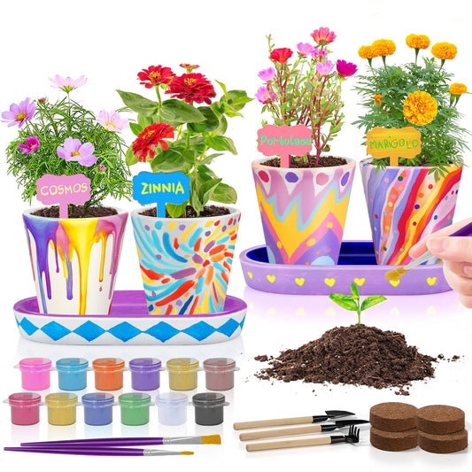 4 Set Paint & Plant Flower Gardening Kit - Gifts for Girls Ages 8-12, Arts and Crafts for Kids Ages 8-12, Kids Gardening Set, Toys Birthday Easter Gifts for Kids Girls Boys Ages 6 7 8 9 10 11 12