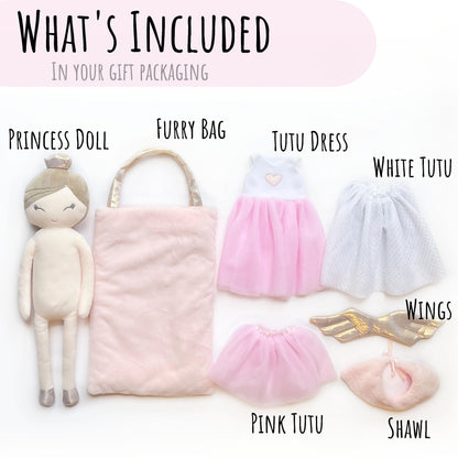 Perfectto Design Ballerina Princess Doll Stuffed Animal for Girls Toy Set - Bag, Tutu, Wings Play for 3 4 5 Year Old Girl Gift for Little Girl, Birthday, Christmas Age 3-9