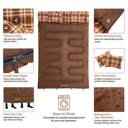 KingCamp Double Sleeping Bag for Adults, Queen Size 2 Person XXL Flannel Sleeping Bag, Waterproof Lightweight Flannel Quilt with 2 Pillows, Perfect for Couples Family Camping Hiking, Coffee