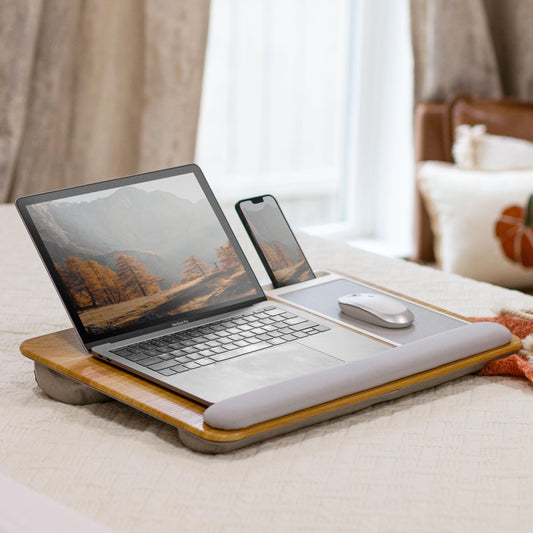 LAPGEAR Home Office Pro Lap Desk with Wrist Rest, Mouse Pad, and Phone Holder - Oak Woodgrain - Fits up to 15.6 Inch Laptops - Style No. 91599
