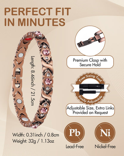 Feraco Pure Copper Bracelets for Women, 4 Elements Magnetic Bracelet with 3800 Gauss Neodymium Magnets & Dazzling Crystals, Adjustable Jewelry Gift (Copper)
