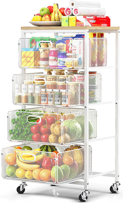 SUNALLY Rolling Kitchen Cart with Drawers, 4-Tier Utility Cart Fruit Vegetable Storage Cart with Lockable Wheels, Wooden Top Metal Kitchen Storage Organizer for Cans, Snacks, Beauty, Craft, Art, White