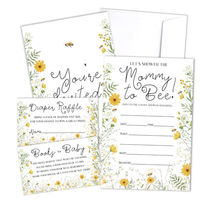 Mommy To Bee Baby Shower Invitation With Envelopes, Diaper Raffle Tickets, Books Request Cards, Honey Bee Baby Shower Decorations Supplies Favors Set, Gender Reveal Party Invites, 25 Cards Each -06