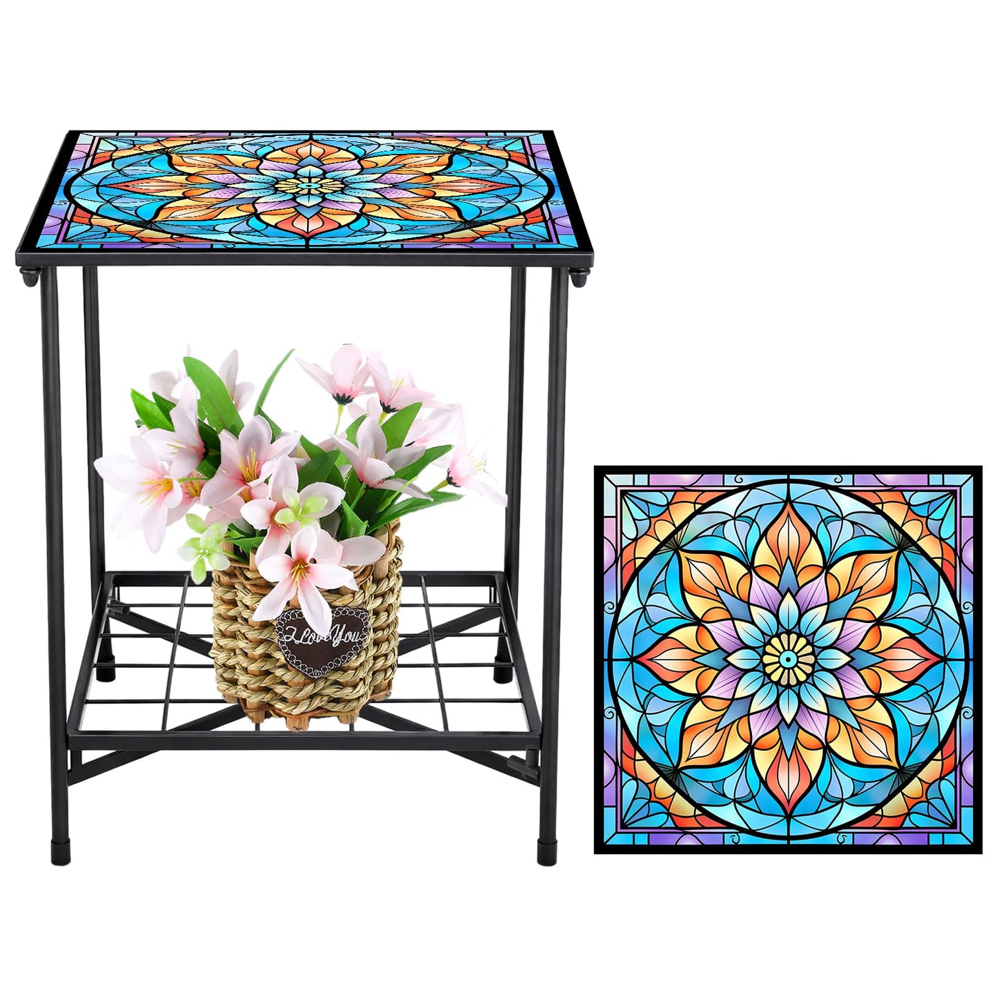 Cinnvoice Outdoor Side Table 2-Tier Storage Square Small Mosaic Patio Accent Indoor End Plant Coffee Tea Table for Yard Patio Porch Garden Living Room, Bedroom(Mandala Style)