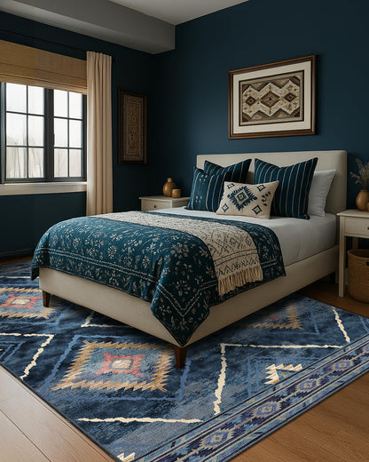 Area Rug 8x10 Rug Machine Washable Non-Slip Low Pile Print Pattern Western Rug for Living Room Bedroom Entryway Tribal Series -Darkblue
