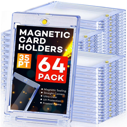 ZENOWICK 64ct Magnetic Card Holders, 35pt One Touch Card Holder, U-V Protection Hard Plastic Case for Trading Cards, Display Case for Sports, Baseball, Football, Game Cards
