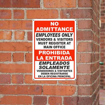 Brimar - 10" x 14" - Bilingual Vendors & Visitors Must Register Sign - .040″ Rust-Free Aluminum - High Visibility - Easy Installation