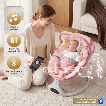 Electric Baby Swing with Remote Control - 5 Natural Motion Speeds, Detachable Seat Pad | Portable Infant Swing for Indoor/Outdoor Use (0-6M, 20lbs) (Pink)