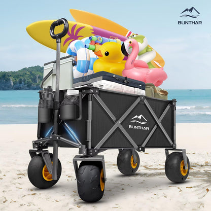 BLINTHAR Beach Wagon with Big Wheels for Sand, Heavy Duty Harder Sand Collapsible Folding Wagon with All-Terrain 9" Pneumatic Ballon Tires, Utility Wagon for Garden Sports Camping Outdoor Activities