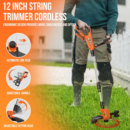 VARSK 12 Inch 20V Cordless Weed Wacker with Automatic Line Feed, 2 in 1 String Trimmer and Edger, Includes 2 X 2.0Ah Batteries/1 X Charger/6 X Replacement Spools, Weed Eater for Lawn, Garden, etc