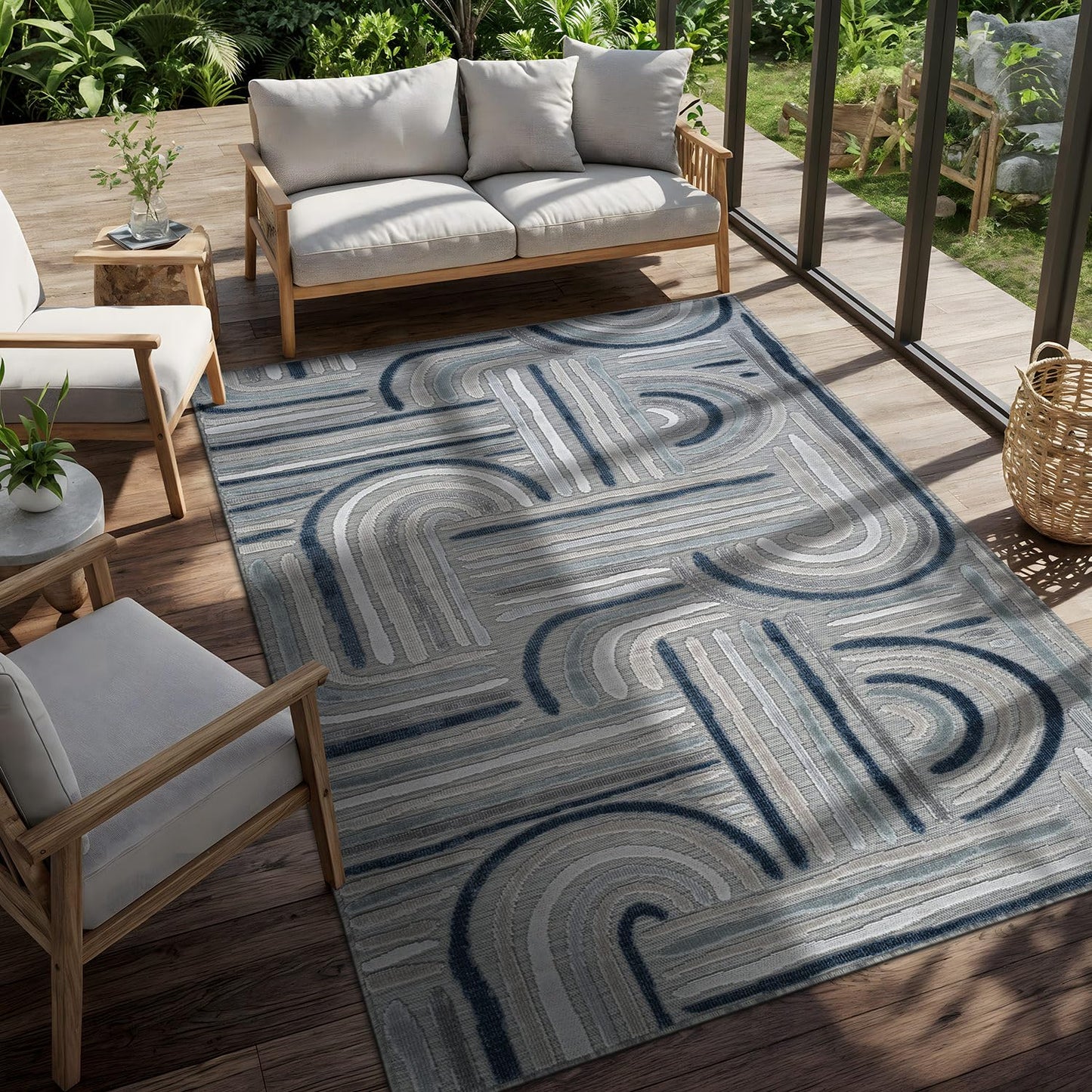 CAMILSON Indoor Outdoor Rug, Blue 5x7 Geometric Arch Striped Area Rugs for Patio and Home Areas, Easy-Cleaning Non-Shedding Living Room, Garden and Deck Washable Outside Carpet (5 x 7)
