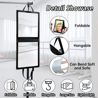 Adzyz Foldable Camping Travel Mirror, 33“ x 13” Hanging Shatterproof Full Length Mirror for Camping, RV Travel, Dorm Room, Portable Dance Practice Mirrors - Black