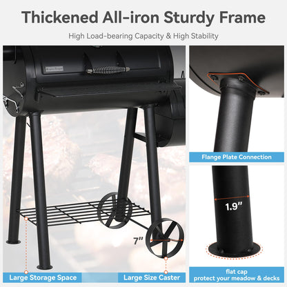 GREEN PARTY Offset Smoker Charcoal Grills with 28 Inch Cook Chamber, Barrel Smoker and Charcoal Grill Combo, 512 Sq. In. Space Barrel Smoker Grill for Outdoor BBQ Patio Backyard Cooking