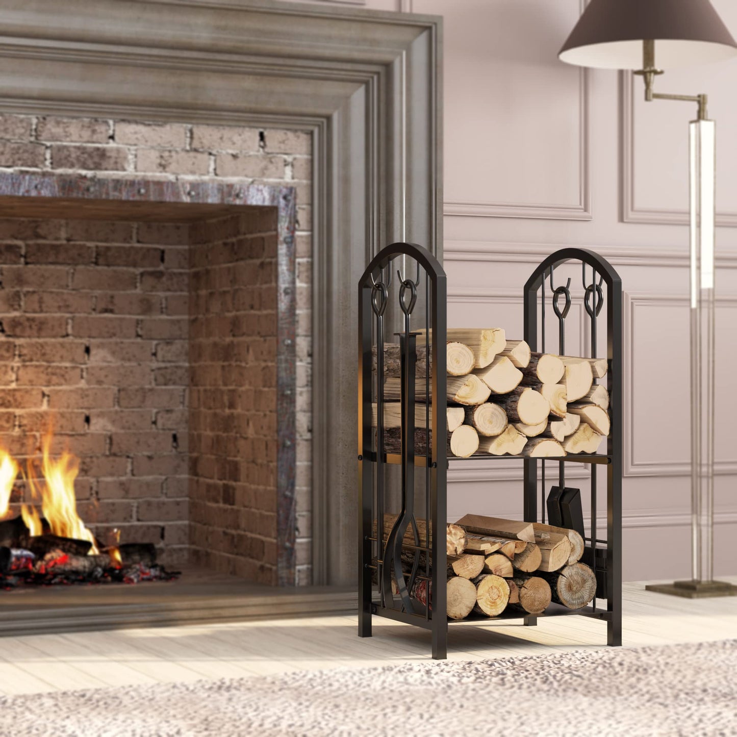 Fire Beauty Fireplace Firewood Log Rack 5-Piece Storage Logs Holder with Tools Set with 4 Tools Set Fireside Holders Wood Lumber Storage Stacking Black
