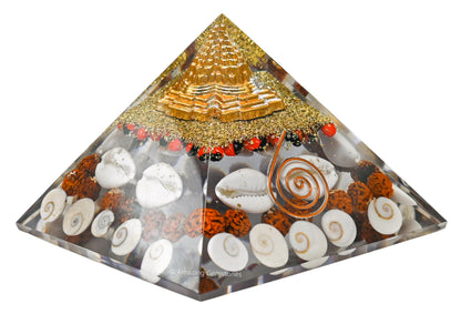 Amazing Gemstone Laxmi Yantra Orgone Pyramid Gomati Chakra, Rudraksha, Cowrie Kodi Maha Laxmi Pyramid Crystals and Healing Stones - Authentic Orgonite & Organite Gifts for Home Vastu Stone
