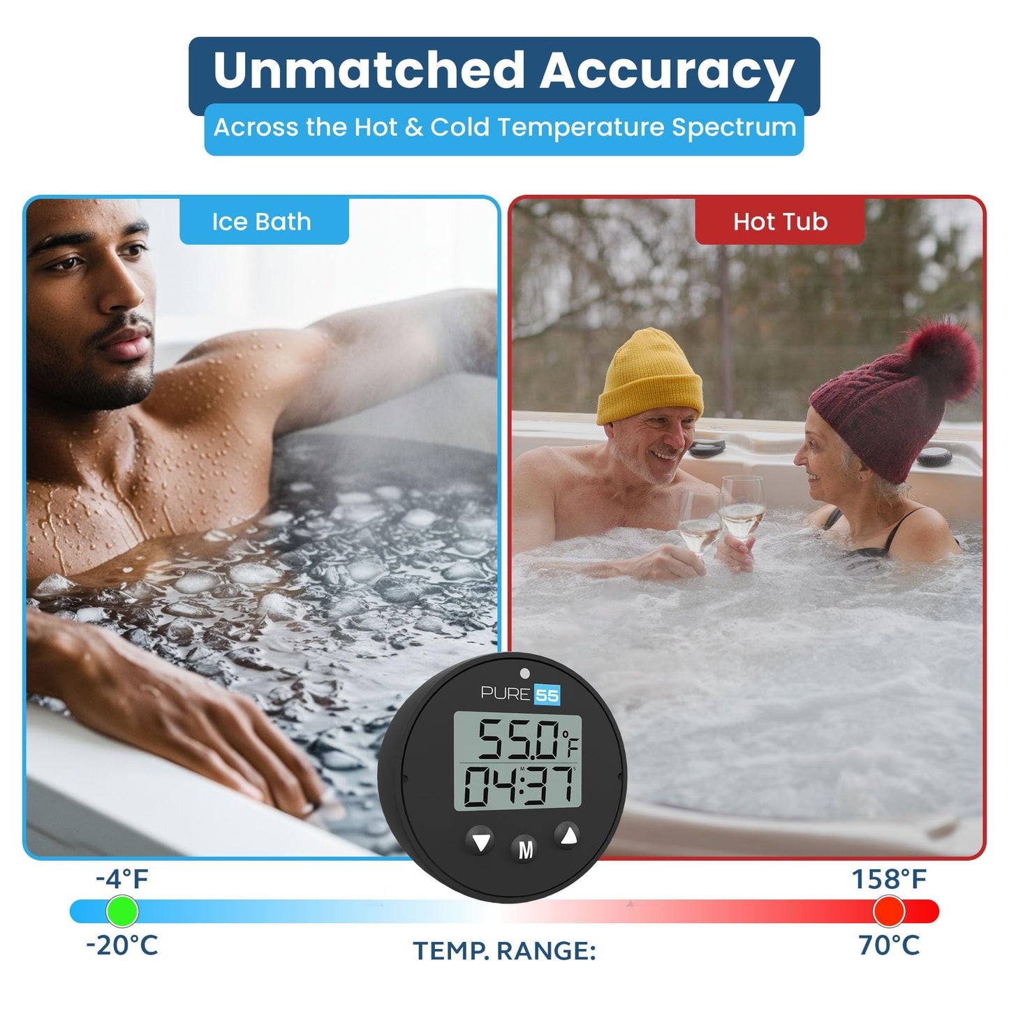Pure55 PlungeGauge 3-in-1 Cold Plunge Thermometer with Clock & Timer - Ice Bath Water Thermometer with Easy 3-Button Control - Floating Design & IPX7 Waterproof with Audible Beep & LED Indicators