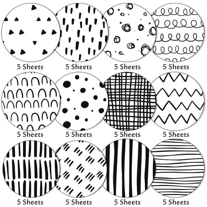 Whaline 60 Sheet Black & White Doodle Pattern Paper A5 Size Hand Drawn Squiggles and Dots Scrapbook Paper Double-Sided Minimalist Craft Paper for DIY Card Making Supplies, 12 Designs