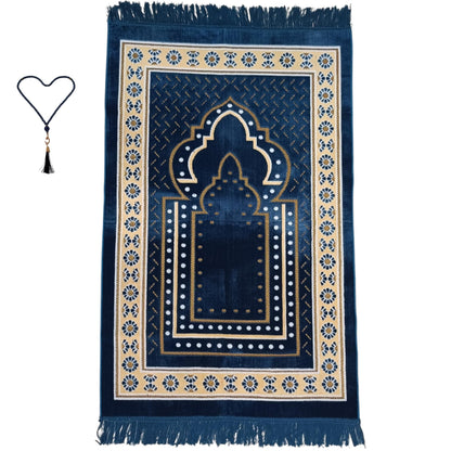 Prayer Mat Rug for Muslim Men, Women or Kids, Portable Praying Mat and Prayer Beads Sets for Islamic Gifts – Muslim Prayer Rug For Ramadan, Umrah, Hajj - Turkish Rug for Meditation and Worship (BLUE)