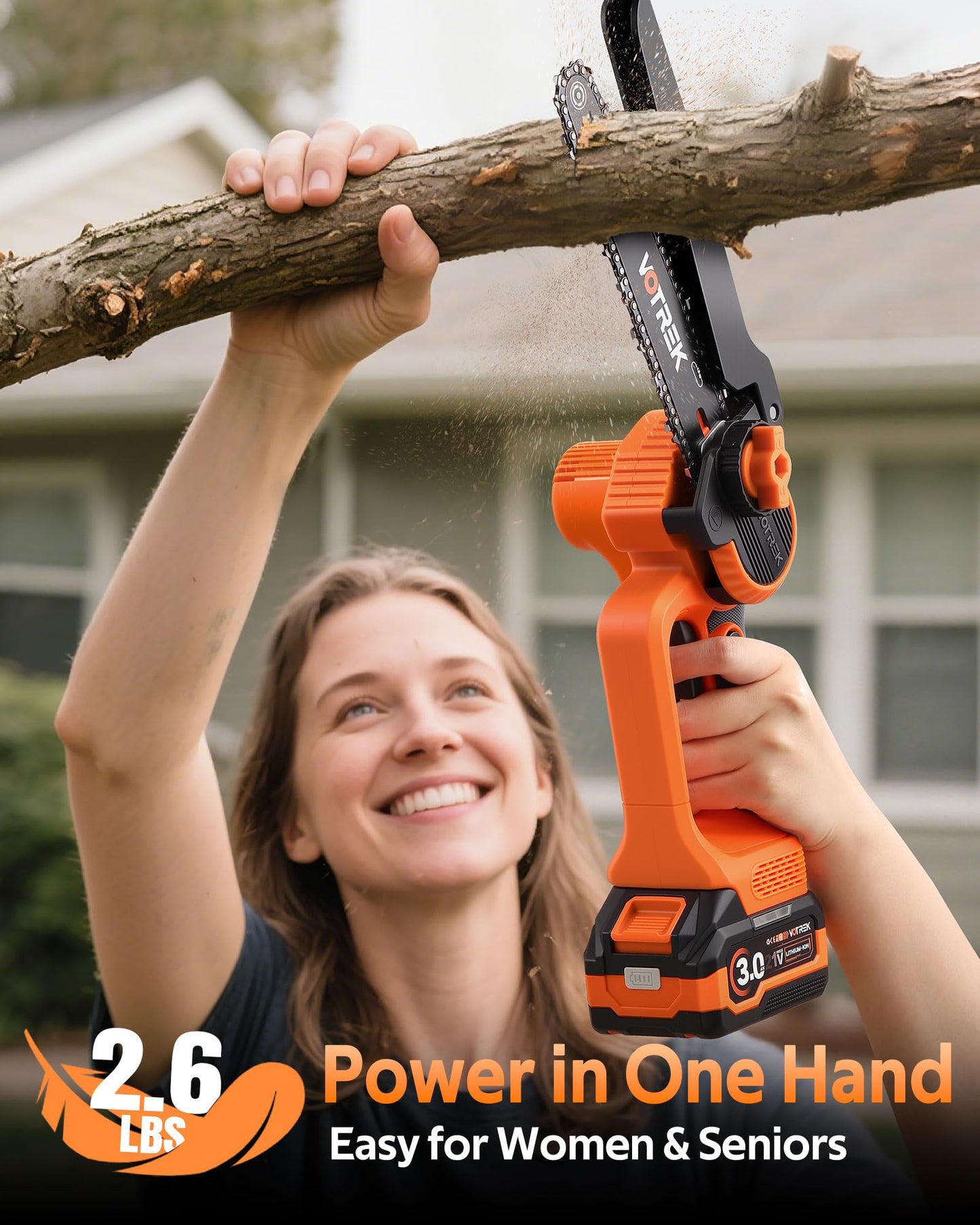 VOTREK® 8-Inch Mini Chainsaw Cordless, 2 x 3.0Ah Batteries, Electric Chain Saw with 2 Chains, Brushless Motor, Auto Oiler, Tool-Free Tensioner for Tree Trimming and Yard Cleanup
