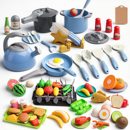 Zero Zoo 105Pcs Kids Kitchen Toy Accessories, Toddler Pretend BBQ Camping Cooking Playset, Play Pots, Pans, Utensils Cookware Toys, Play Food Set, Vegetables, Learning Gift for Girls Boys